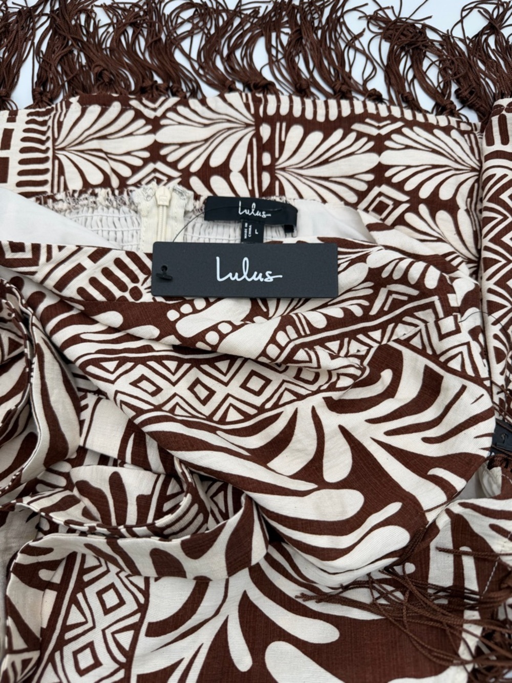 Lulus NWT “Nahia” Brown Boho Print Fringe Faux-Wrap Halter Mini Dress. Sz Large - Picture 3 of 15